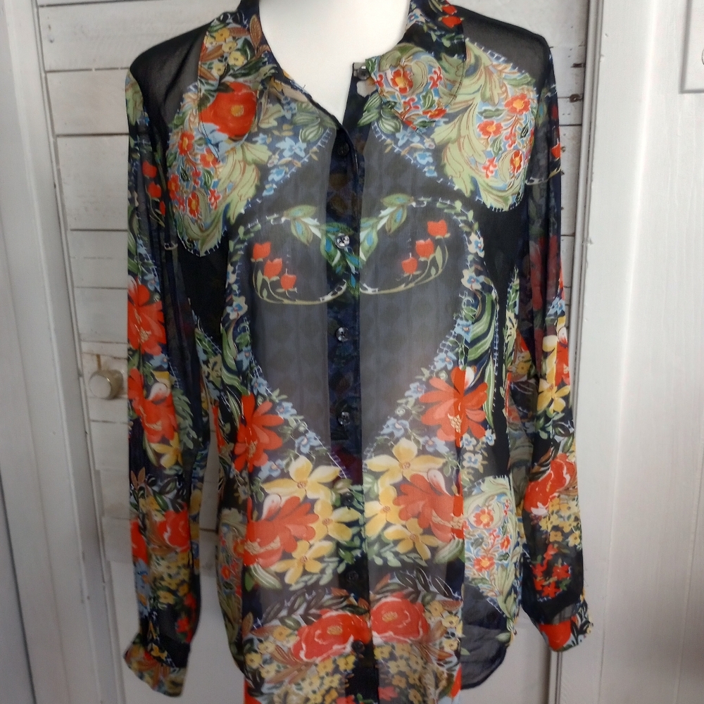 Cabi Floral Top Blouse Semi Sheer Long Sleeve Amour Size Medium Cottagecore Boho